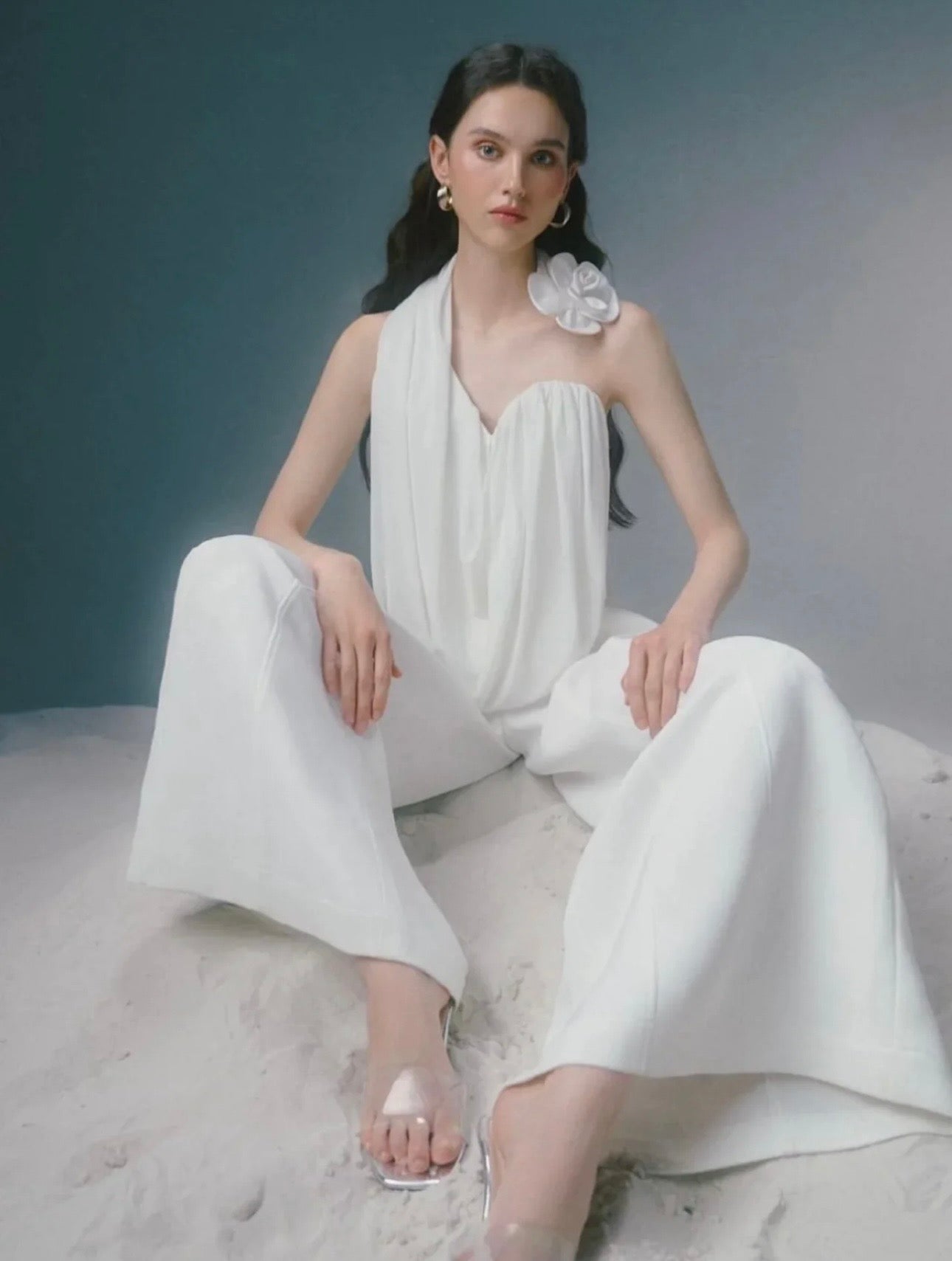 Oia | White Floral Halter top and Wide-leg pants