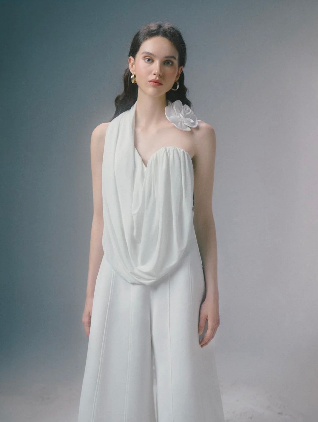 Oia | White Floral Halter top and Wide-leg pants