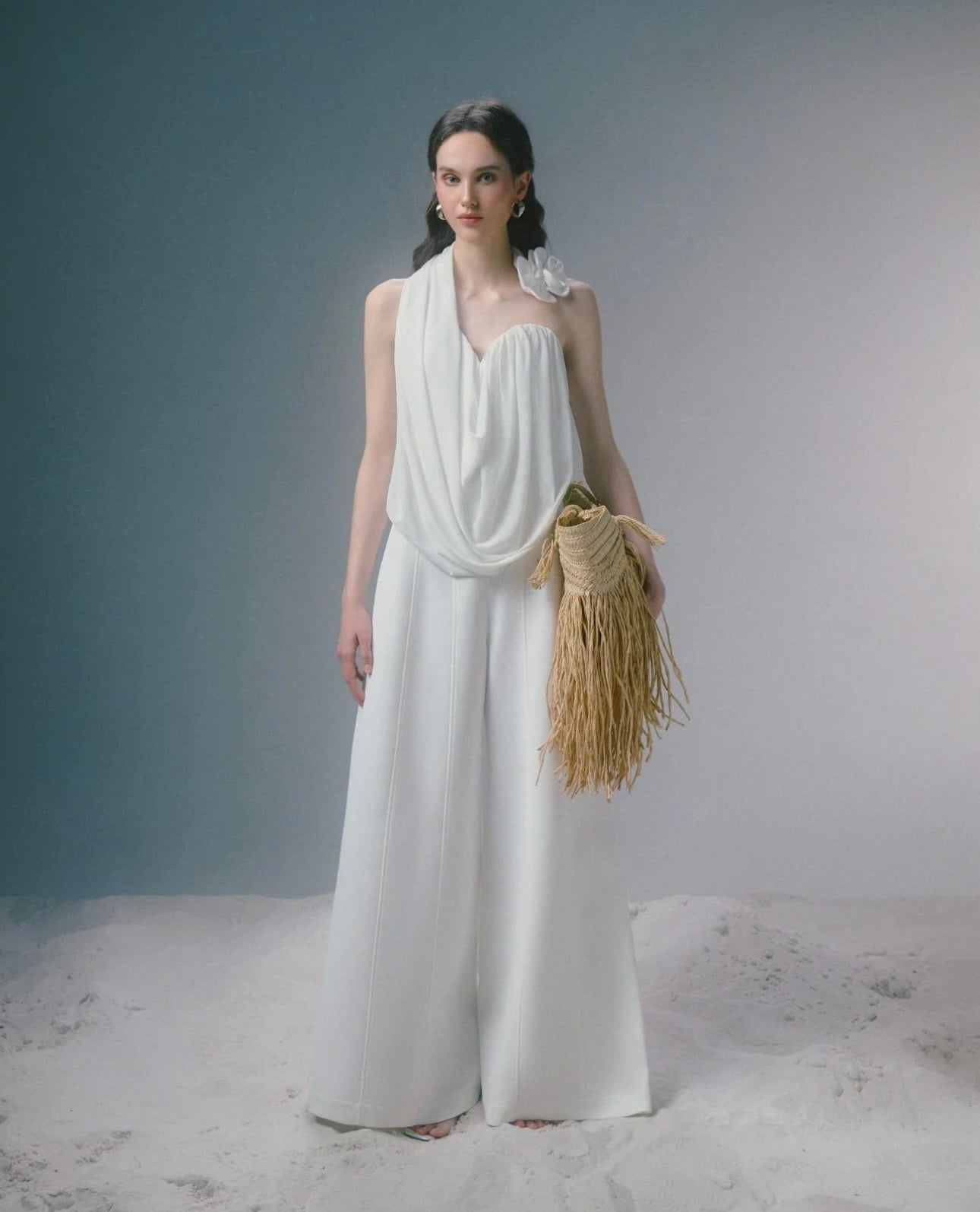 Oia | White Floral Halter top and Wide-leg pants