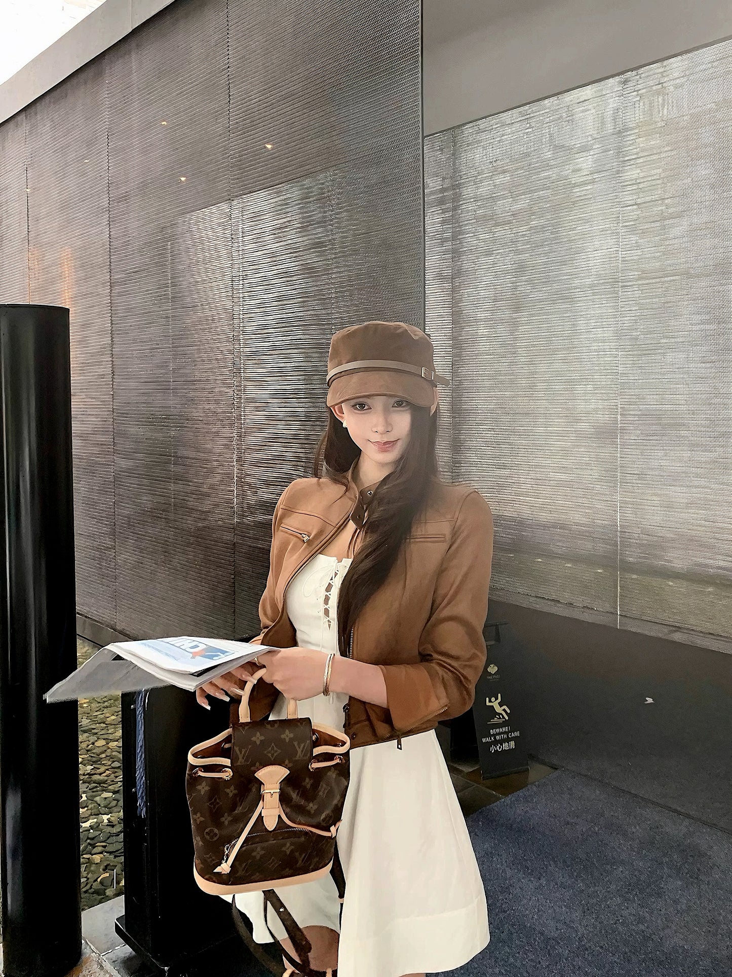 Coffee Brown Suede Biker Jacket & Skirt Set