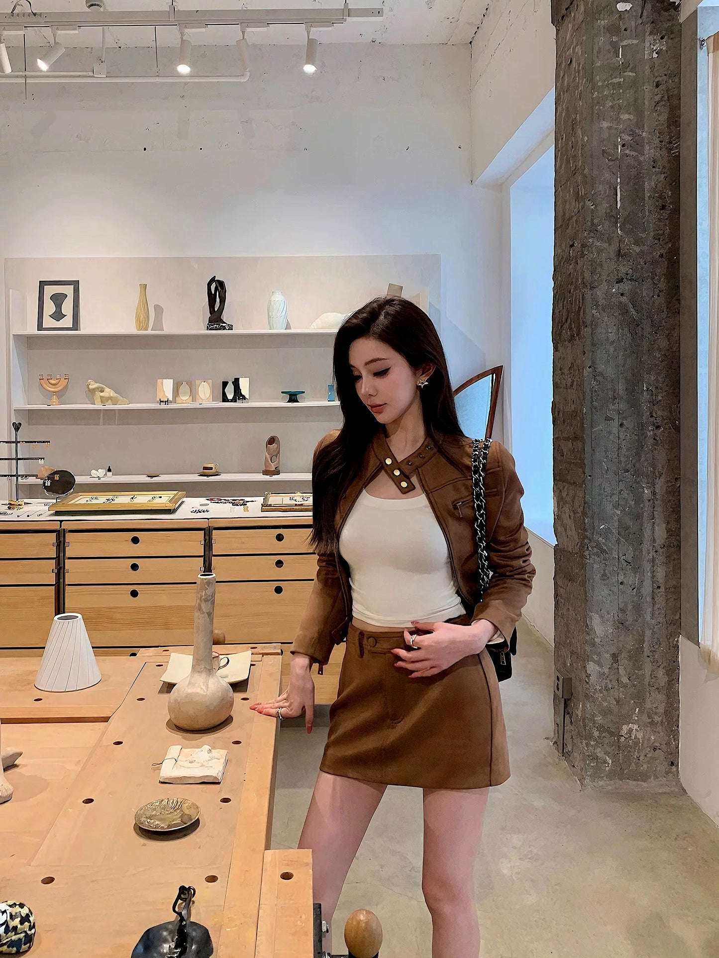 Coffee Brown Suede Biker Jacket & Skirt Set