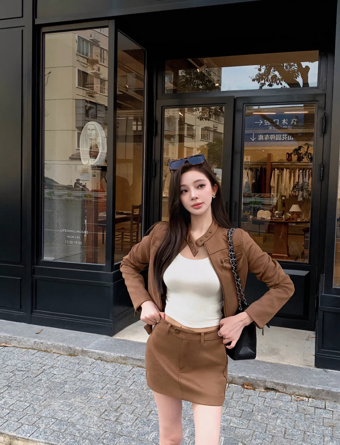 Coffee Brown Suede Biker Jacket & Skirt Set