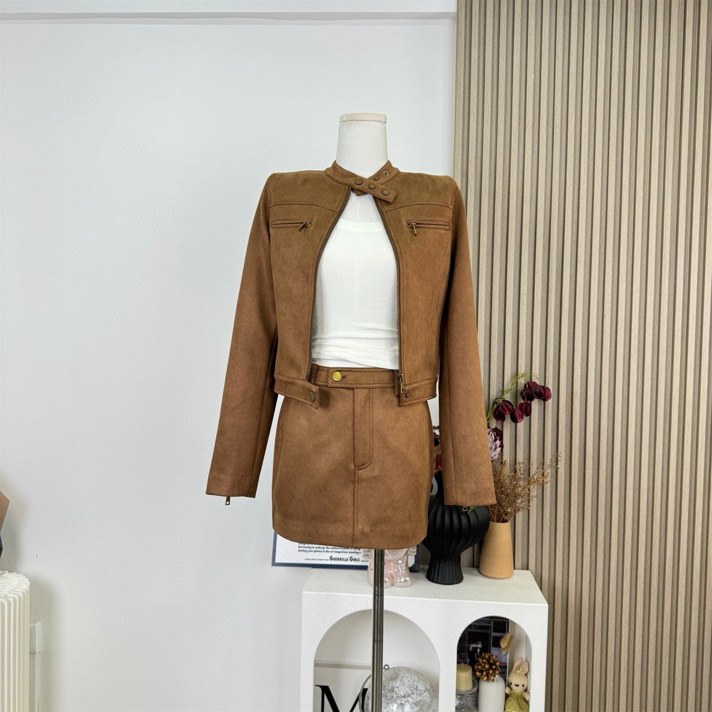 Coffee Brown Suede Biker Jacket & Skirt Set