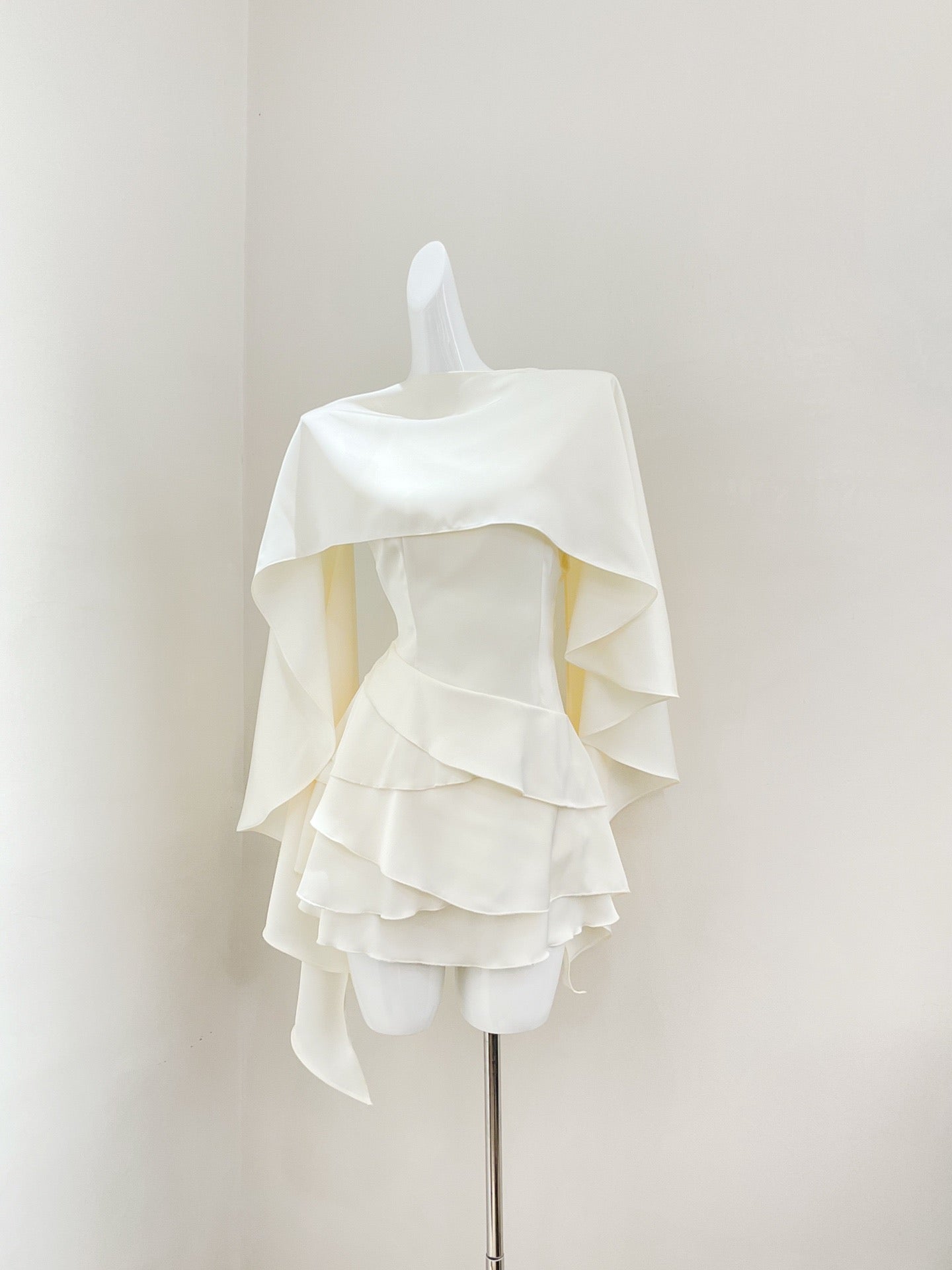 Ameli | Satin Ruffle Cape Backless Dress Beige
