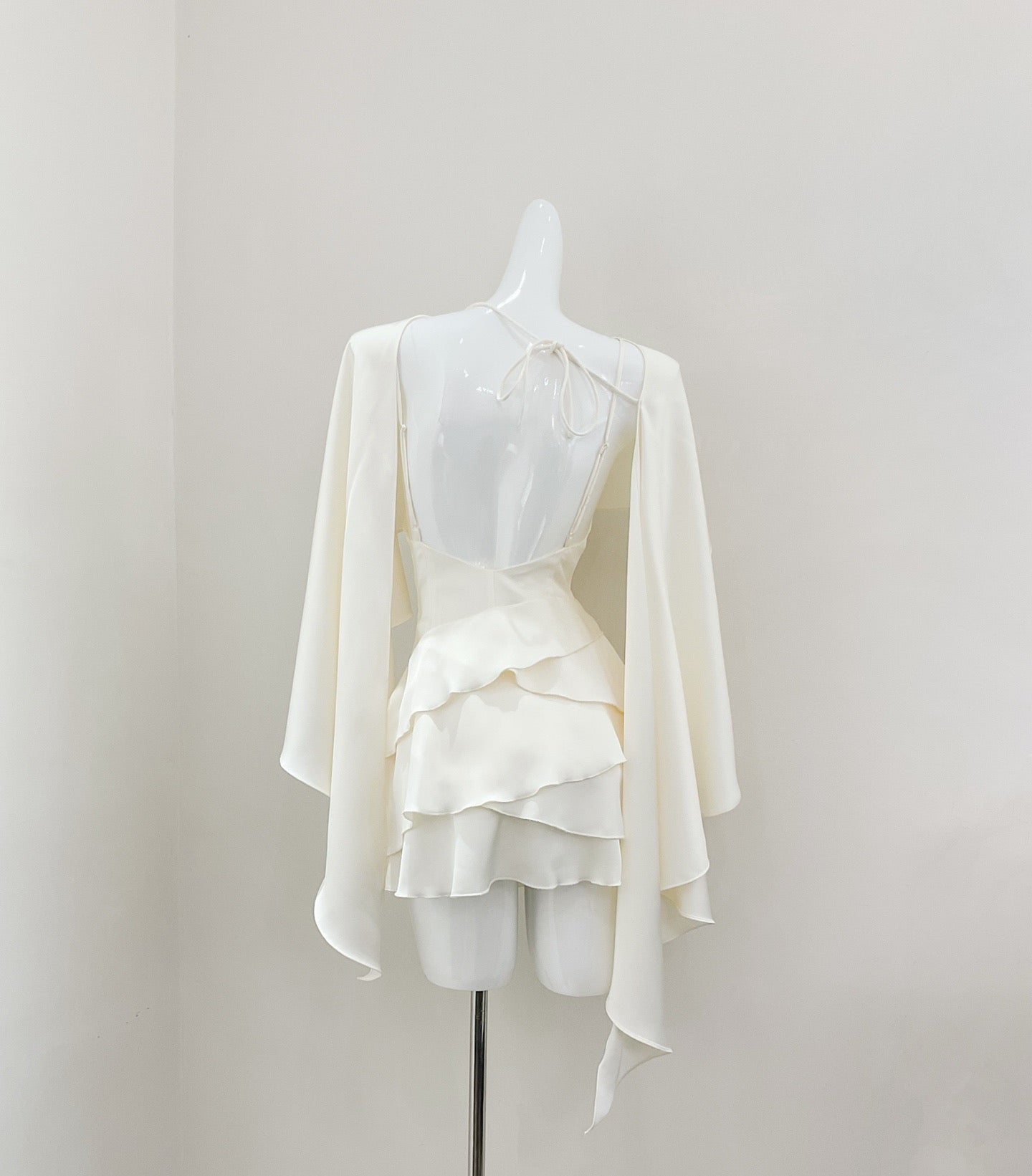 Ameli | Satin Ruffle Cape Backless Dress Beige