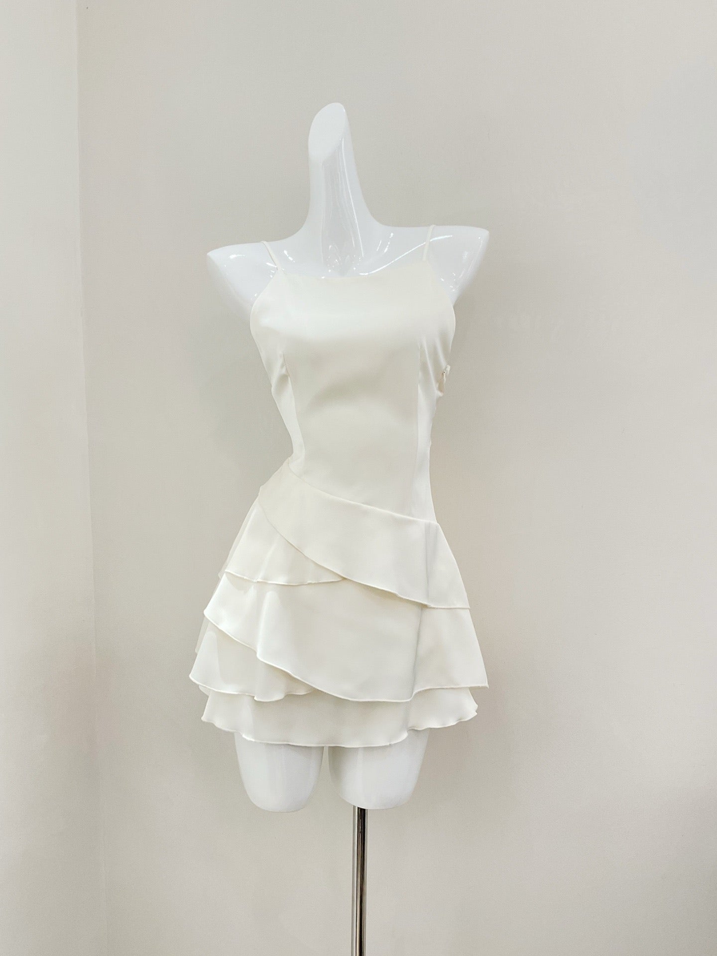 Ameli | Satin Ruffle Cape Backless Dress Beige