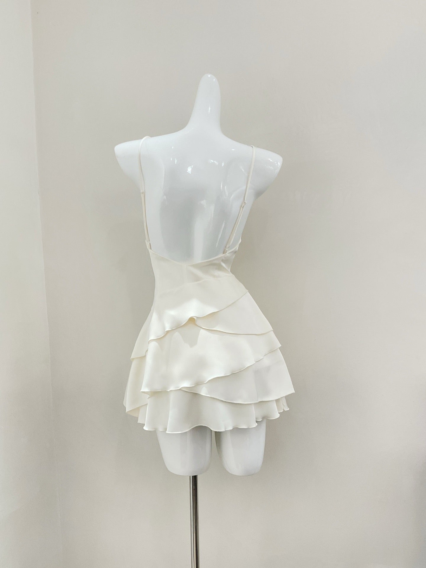 Ameli | Satin Ruffle Cape Backless Dress Beige