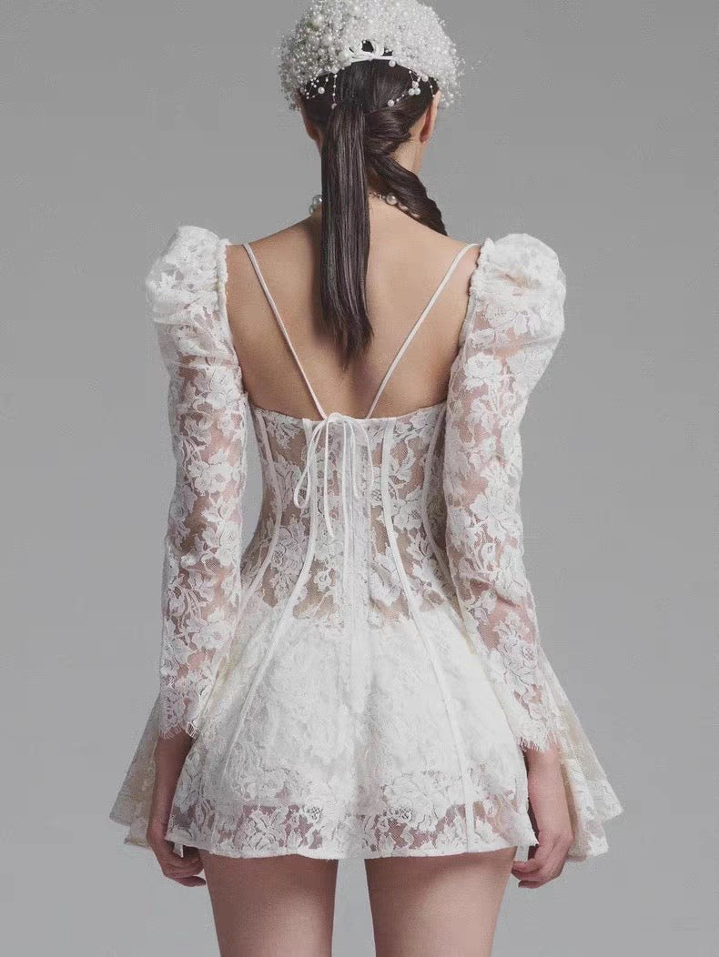 Ononmade| Lace Square-Neck Bell-Sleeve Dress with Fitted Waist
