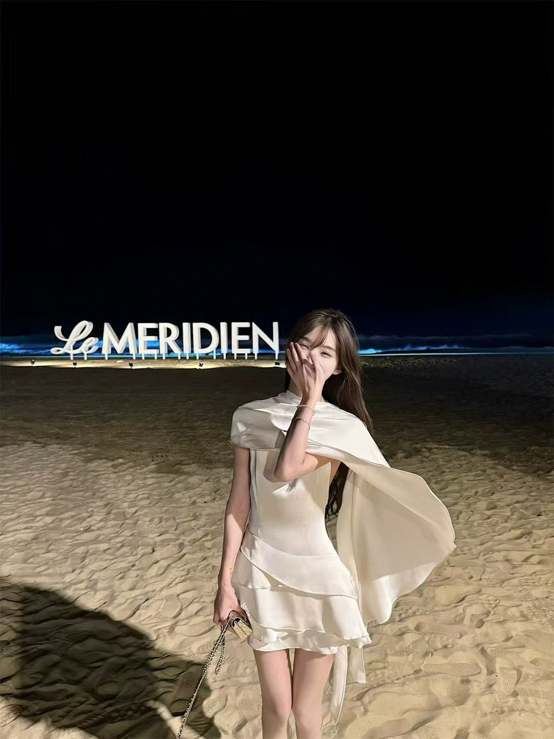 Ameli | Satin Ruffle Cape Backless Dress Beige