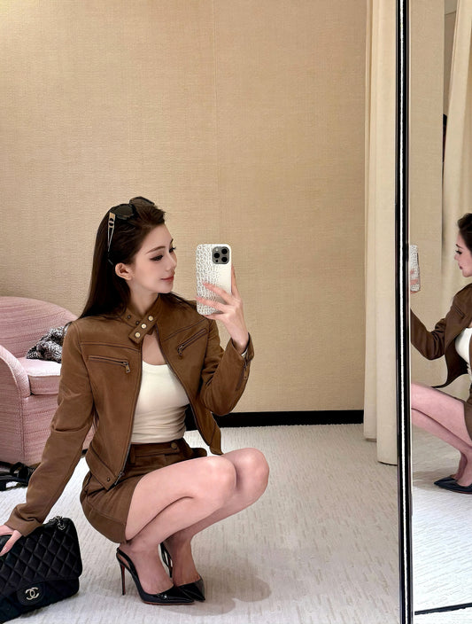 Coffee Brown Suede Biker Jacket & Skirt Set