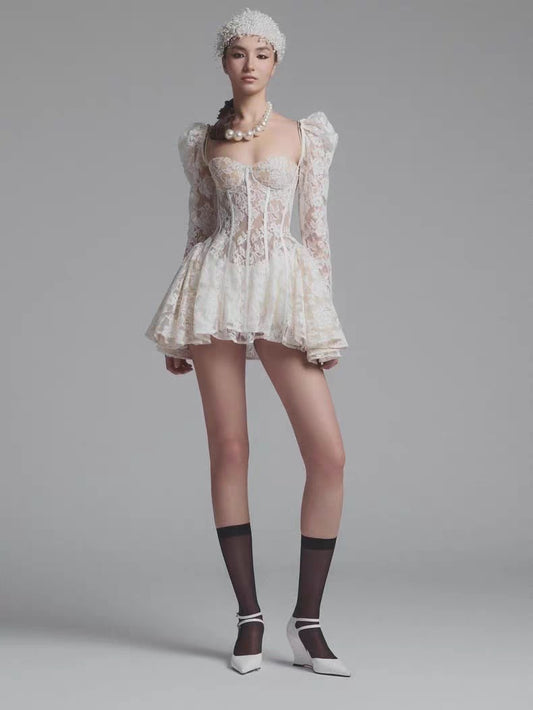 Ononmade| Lace Square-Neck Bell-Sleeve Dress with Fitted Waist